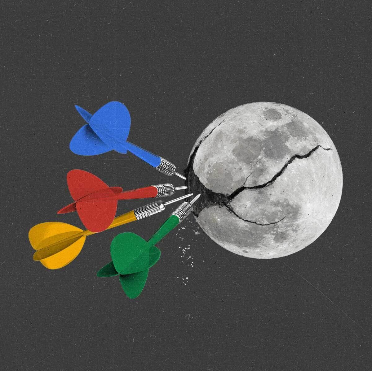 Four multicolored darts are embedded in a cracked moon.